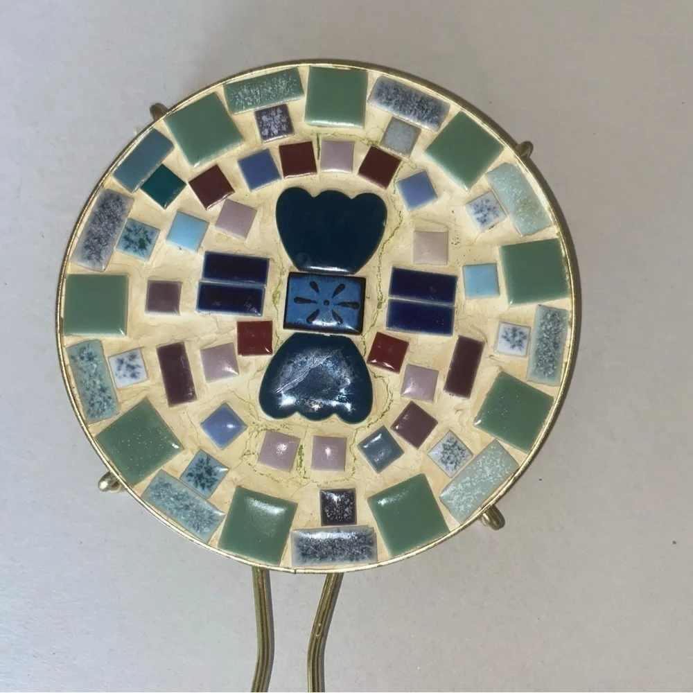 Vintage Trivet Micro Mosaic Tile Hearts Mid-Century Metal Frame Handle Handmade